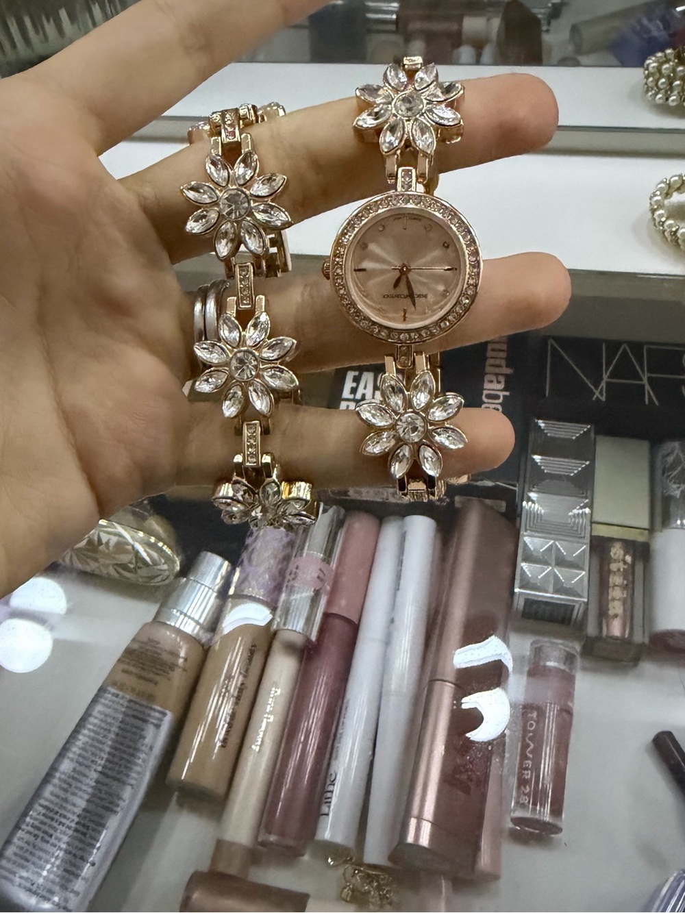 Elegant Rose Gold Floral Crystal Bracelet Watch - Women Accessories